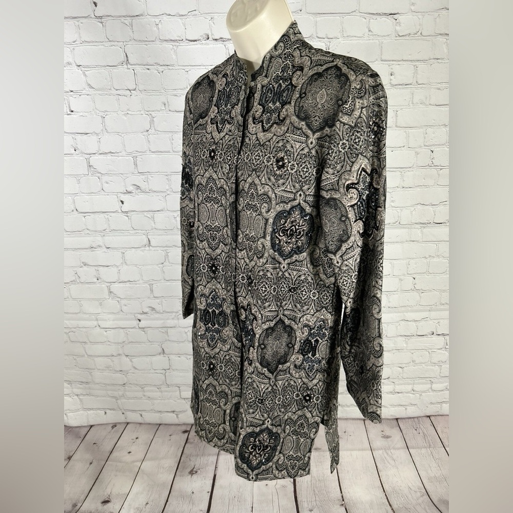 Chicos Beaded Embroidered Long Sleeve Button Down Duster Tapestry Small